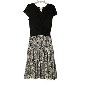 JBS Ltd. Tiered Paisley Midi Dress Womens Size 6 Black White Boho Short Sleeve
